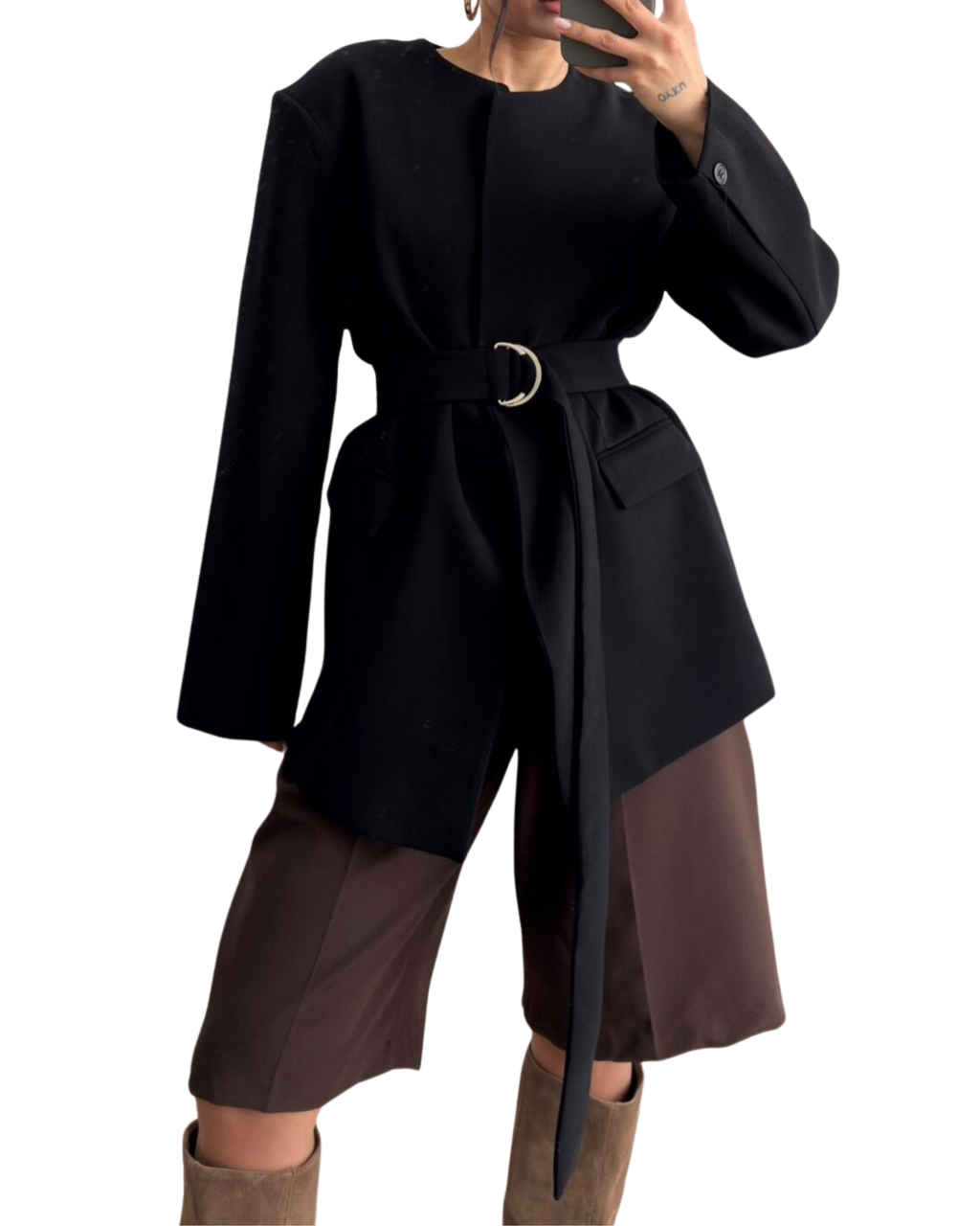 Belted Collarless Blazer Jacket