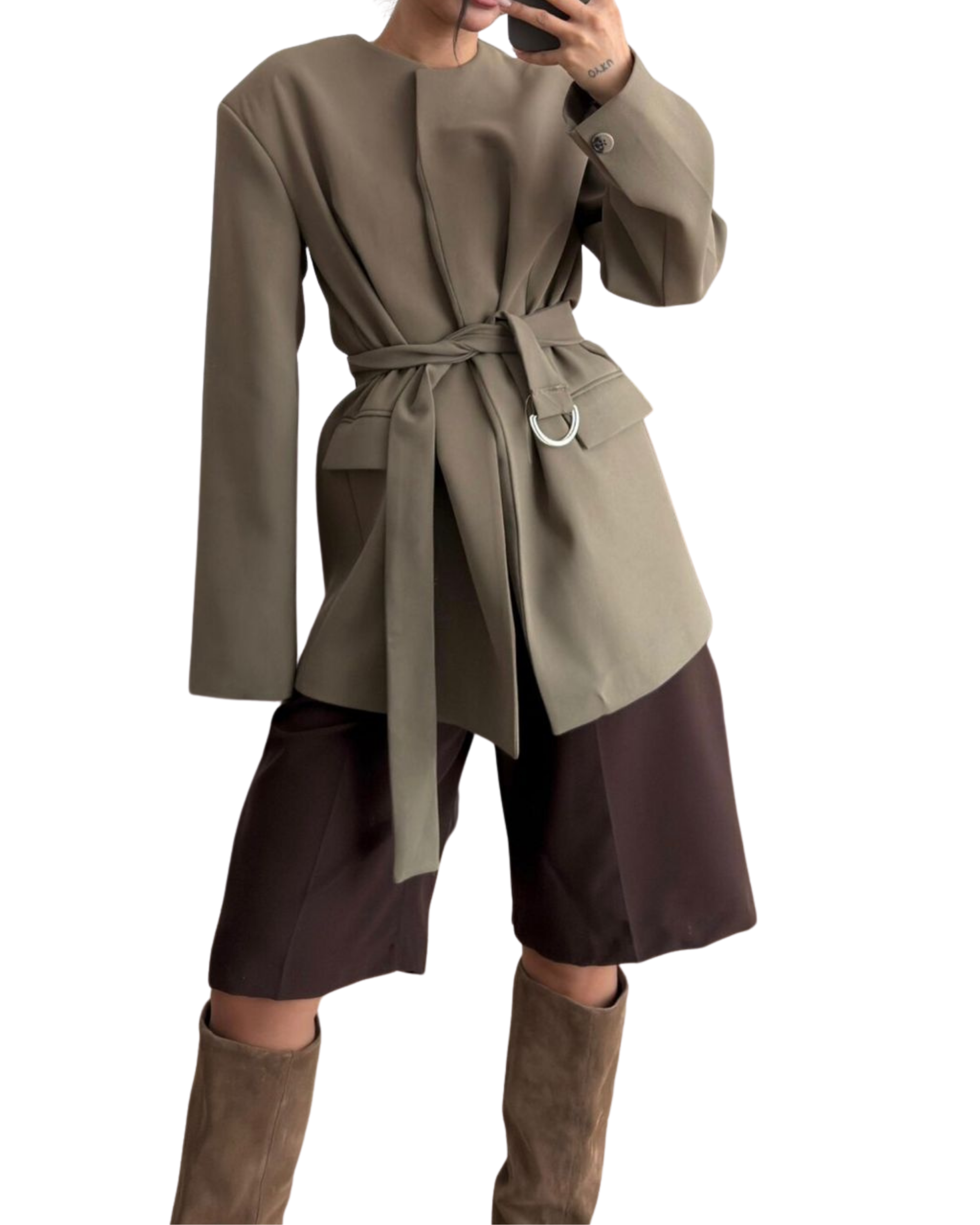 Belted Collarless Blazer Jacket